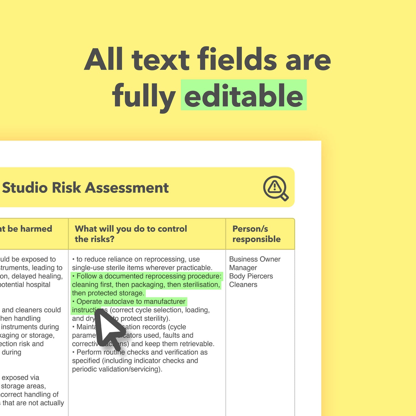 Editable, pre-filled risk assessment template for body piercing studios, piercing shops, and professional body piercers – easy to use for quick health and safety compliance.