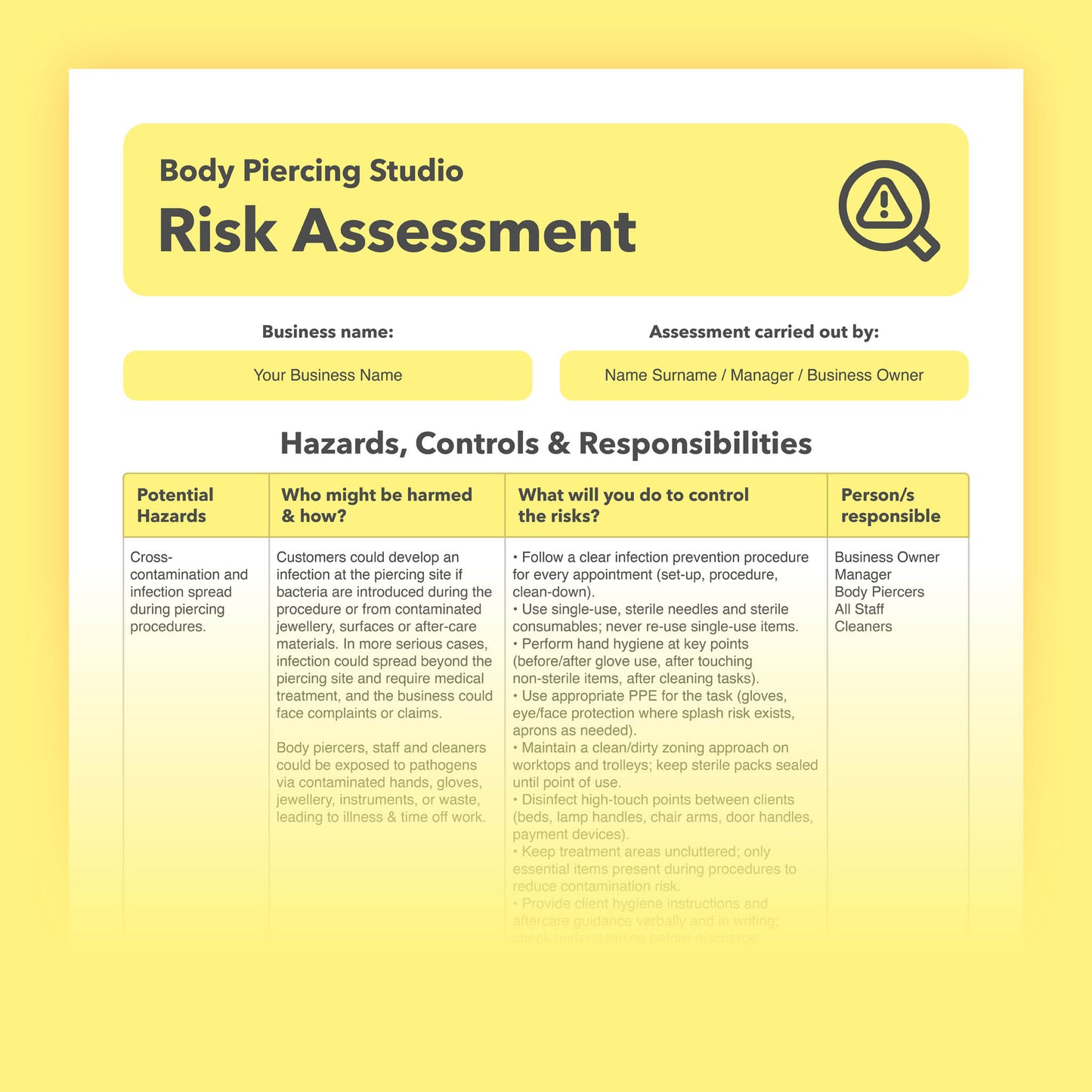 Editable, pre-filled risk assessment template for body piercing studios, piercing shops, and professional body piercers – easy to use for quick health and safety compliance.