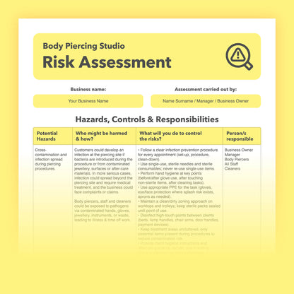 Editable, pre-filled risk assessment template for body piercing studios, piercing shops, and professional body piercers – easy to use for quick health and safety compliance.