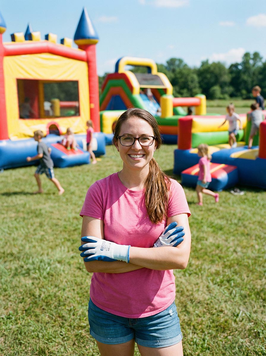 Business owner standing in front of bouncy castles and inflatable hire equipment at an outdoor event, ideal for bouncy castle and inflatable hire business content.
