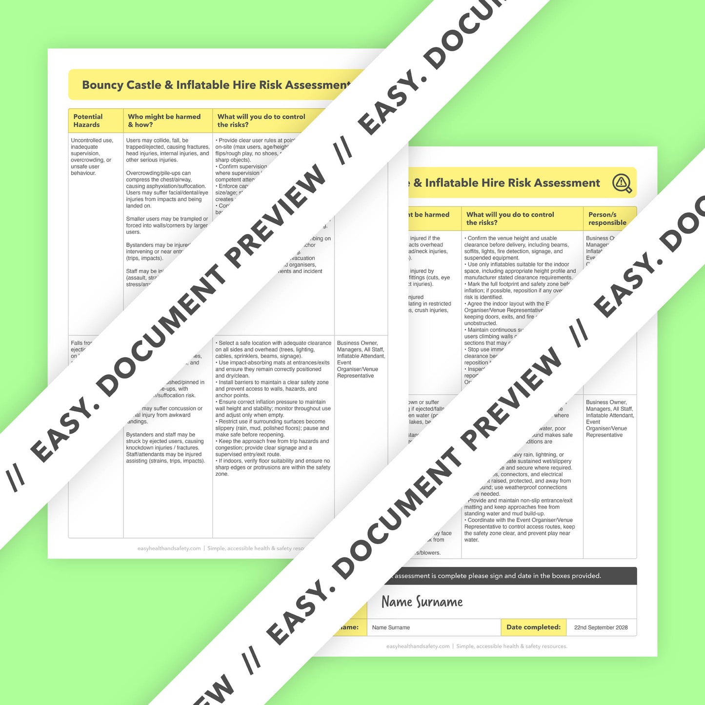 Editable, pre-filled risk assessment template for bouncy castle hire and inflatable hire businesses – easy to use for quick health and safety compliance.