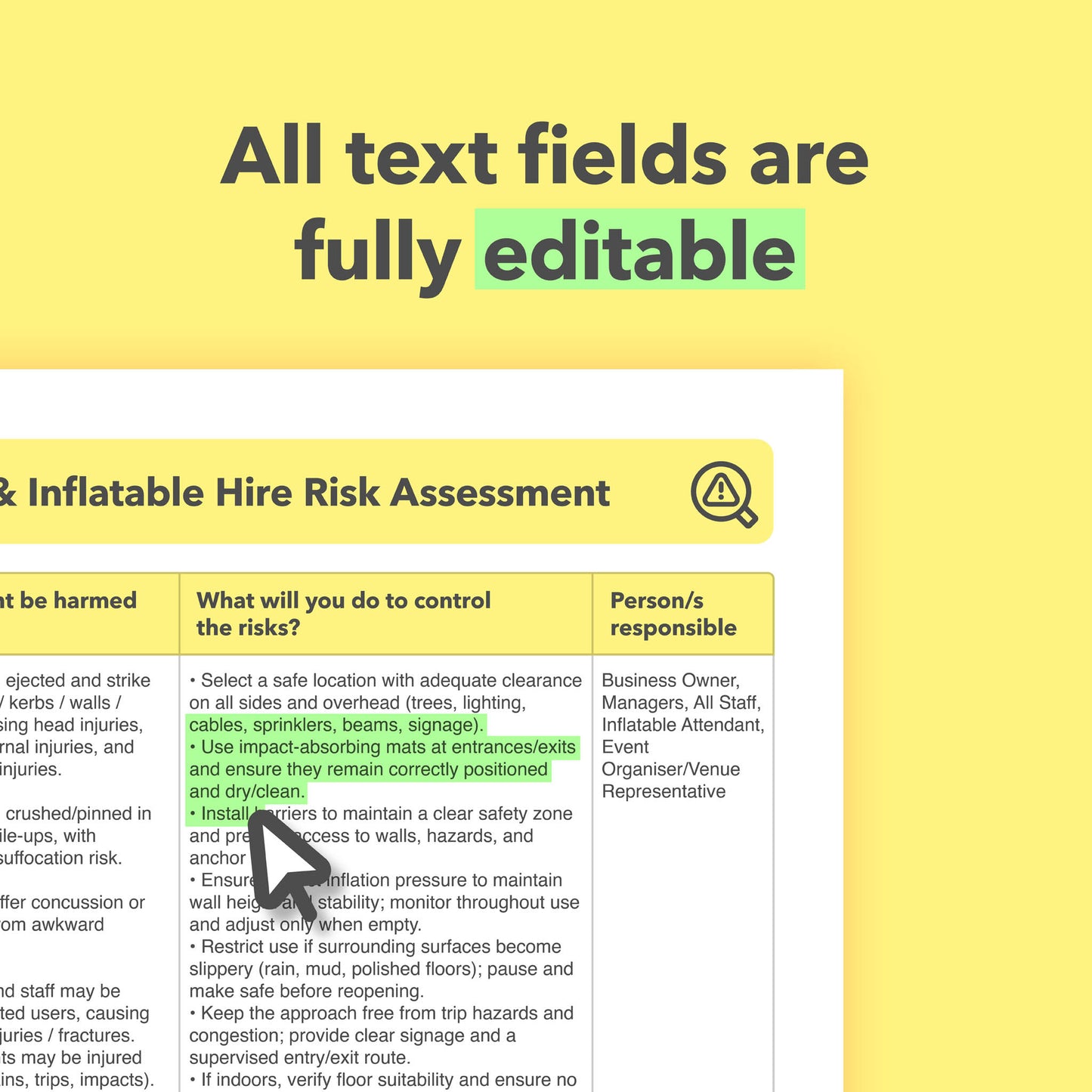 Editable, pre-filled risk assessment template for bouncy castle hire and inflatable hire businesses – easy to use for quick health and safety compliance.