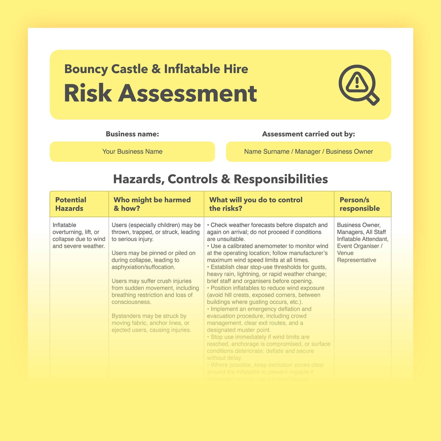Editable, pre-filled risk assessment template for bouncy castle hire and inflatable hire businesses – easy to use for quick health and safety compliance.