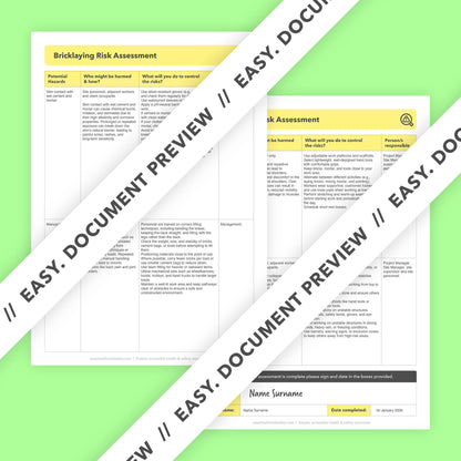 Editable, pre-filled risk assessment template for bricklayers, bricklaying work, and bricklaying contractors – easy to use for quick health and safety compliance.
