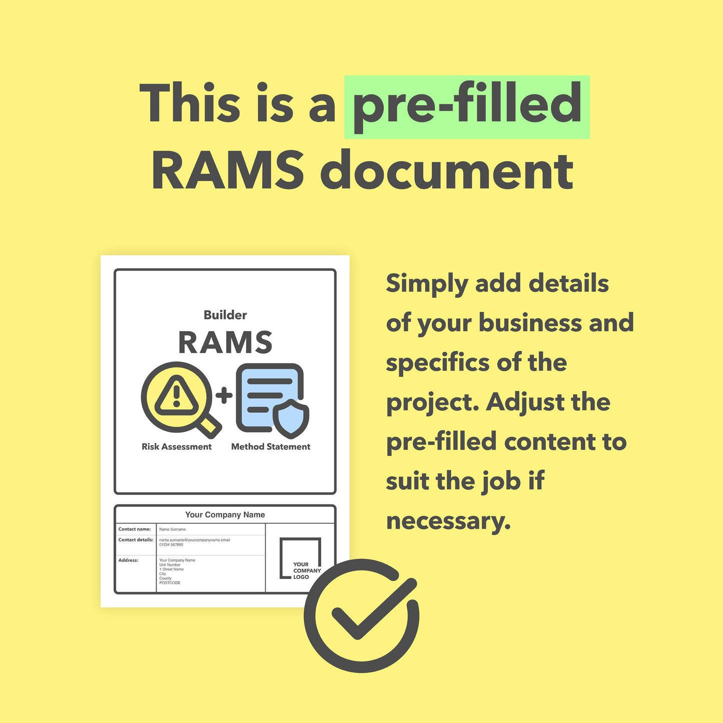 RAMS template for builders and general building and construction works, including pre-filled risk assessment and method statement templates for clear, compliant health and safety documentation.