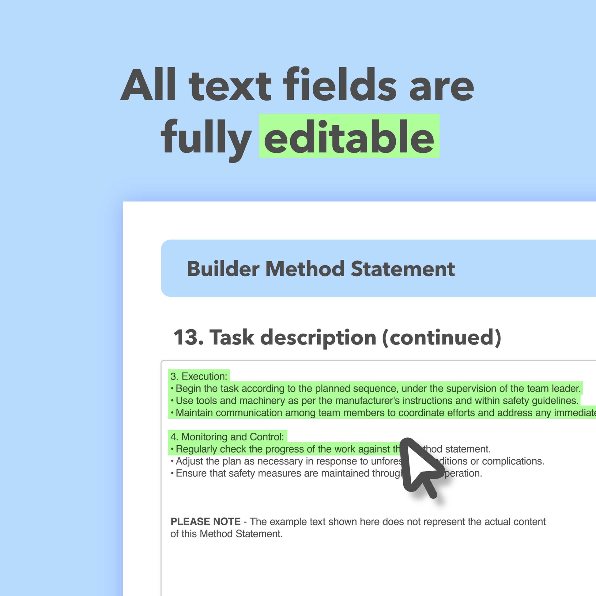 Editable, pre-filled builder method statement template designed for builders and general building and construction works, with easy customisation for safe on-site tasks.