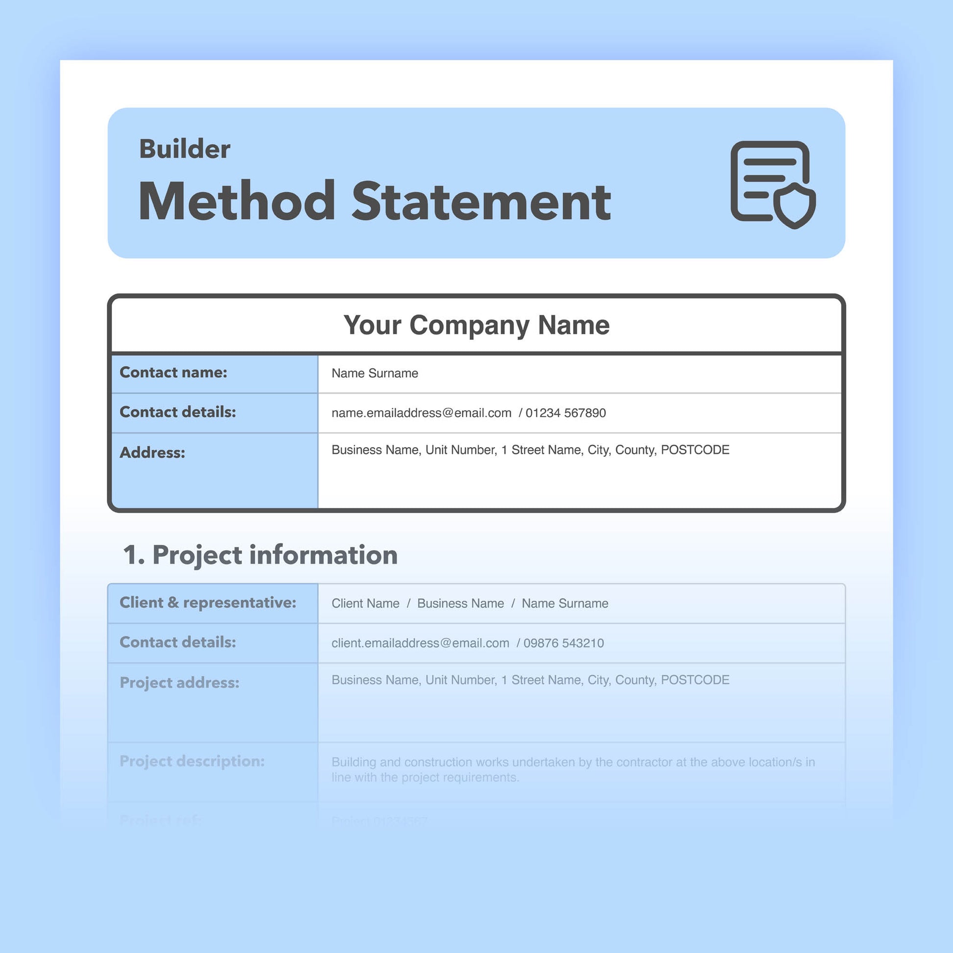 Editable, pre-filled builder method statement template designed for builders and general building and construction works, with easy customisation for safe on-site tasks.
