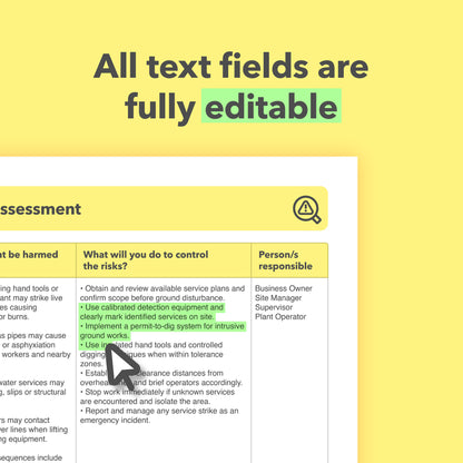 Editable, pre-filled risk assessment template for builders, building work, and building and construction contractors – easy to use for quick health and safety compliance.