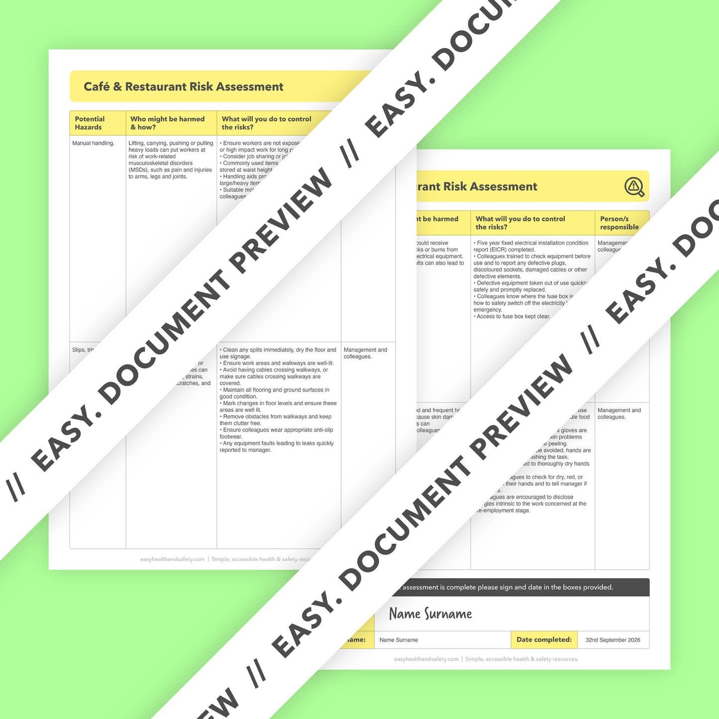 Editable, pre-filled risk assessment template for cafes, restaurants, bistros, and eat-in food businesses – easy to use for quick health and safety compliance.
