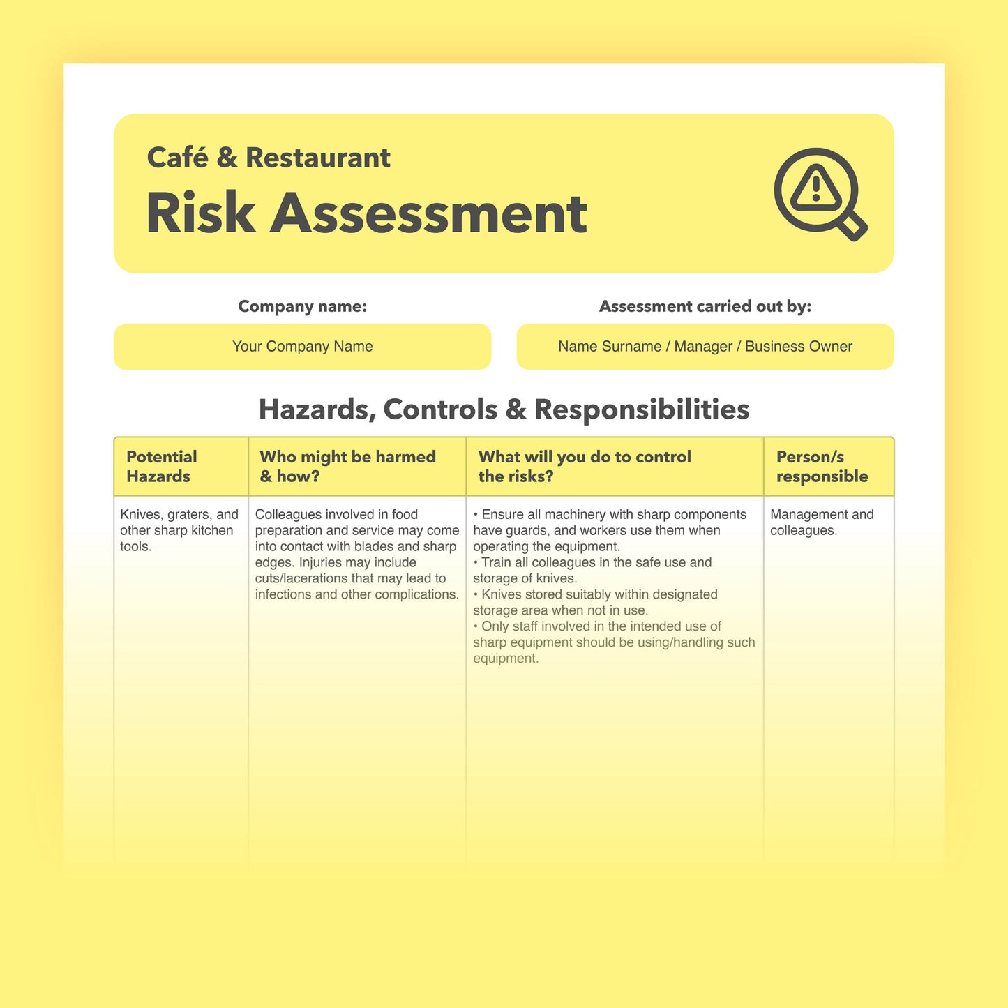 Editable, pre-filled risk assessment template for cafes, restaurants, bistros, and eat-in food businesses – easy to use for quick health and safety compliance.