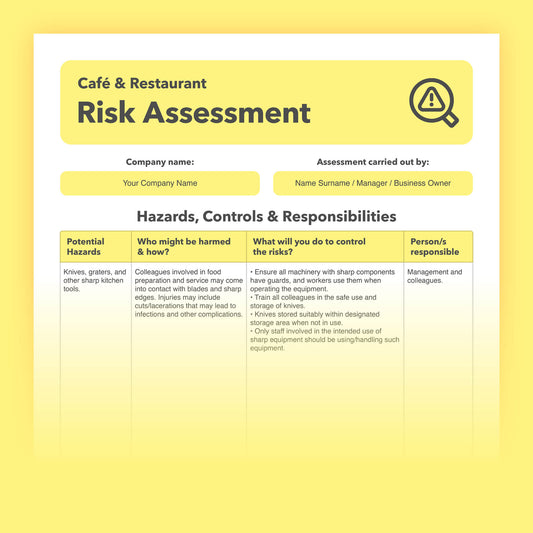 Editable, pre-filled risk assessment template for cafes, restaurants, bistros, and eat-in food businesses – easy to use for quick health and safety compliance.