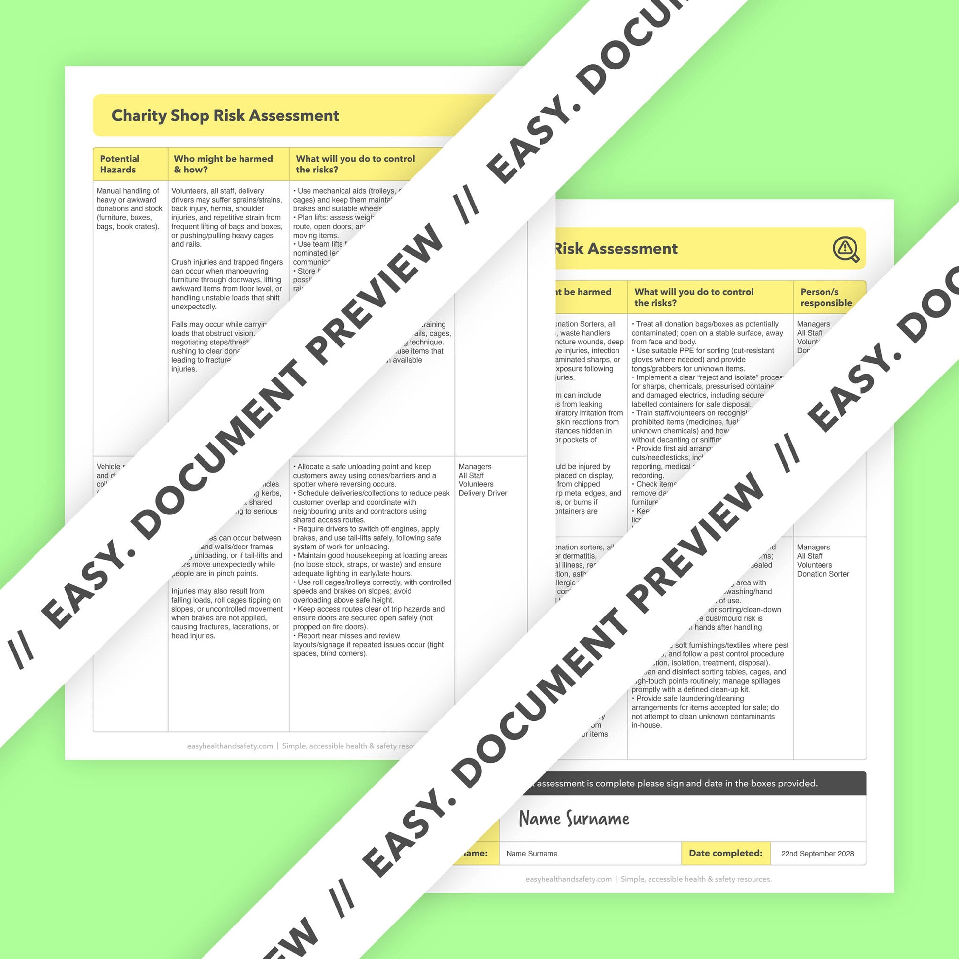 Editable, pre-filled risk assessment template for charity shops, charity retailers, second-hand shops, and thrift stores – easy to use and fully compliant with health and safety regulations.