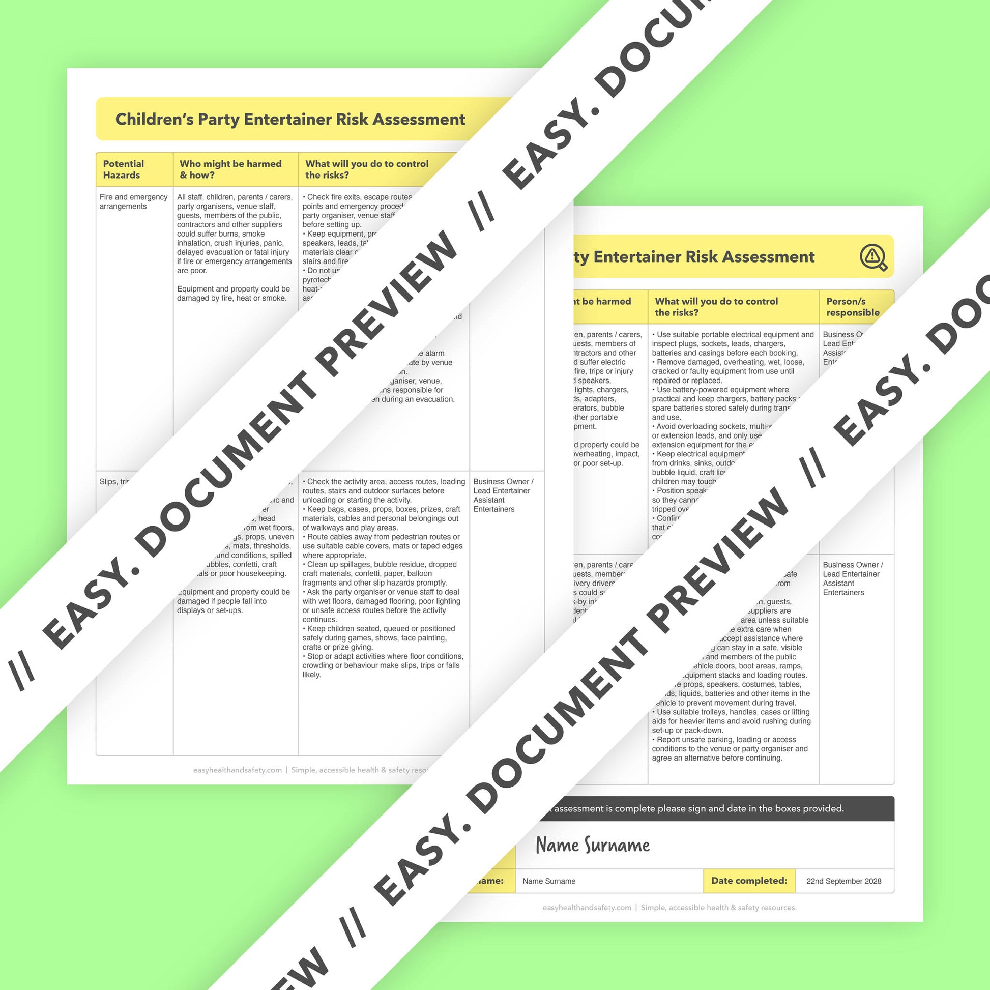 Editable, pre-filled risk assessment template for children’s party entertainers, mobile party hosts, magicians, face painters and character entertainers, easy to use for quick health and safety compliance.