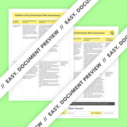 Editable, pre-filled risk assessment template for children’s party entertainers, mobile party hosts, magicians, face painters and character entertainers, easy to use for quick health and safety compliance.