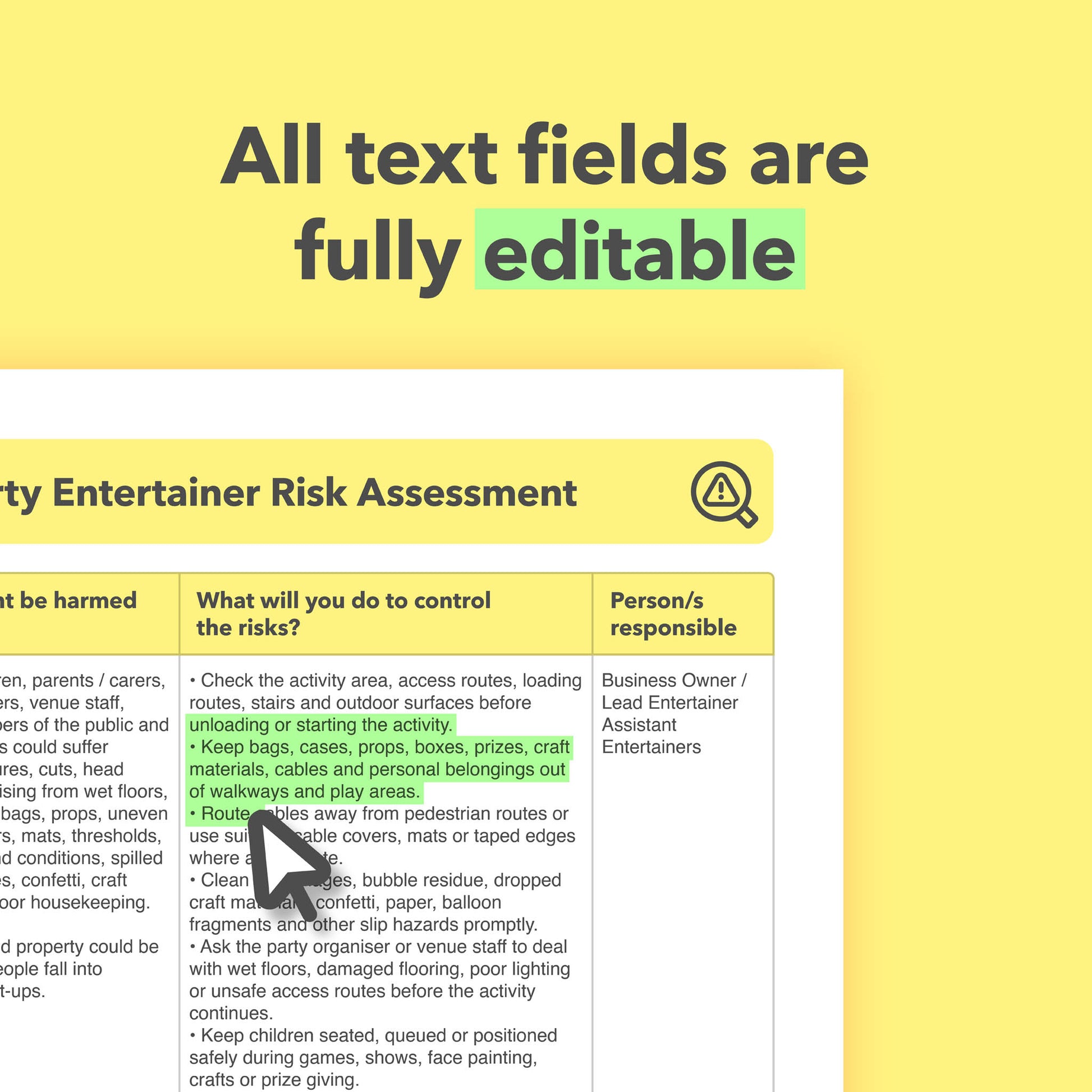 Editable, pre-filled risk assessment template for children’s party entertainers, mobile party hosts, magicians, face painters and character entertainers, easy to use for quick health and safety compliance.