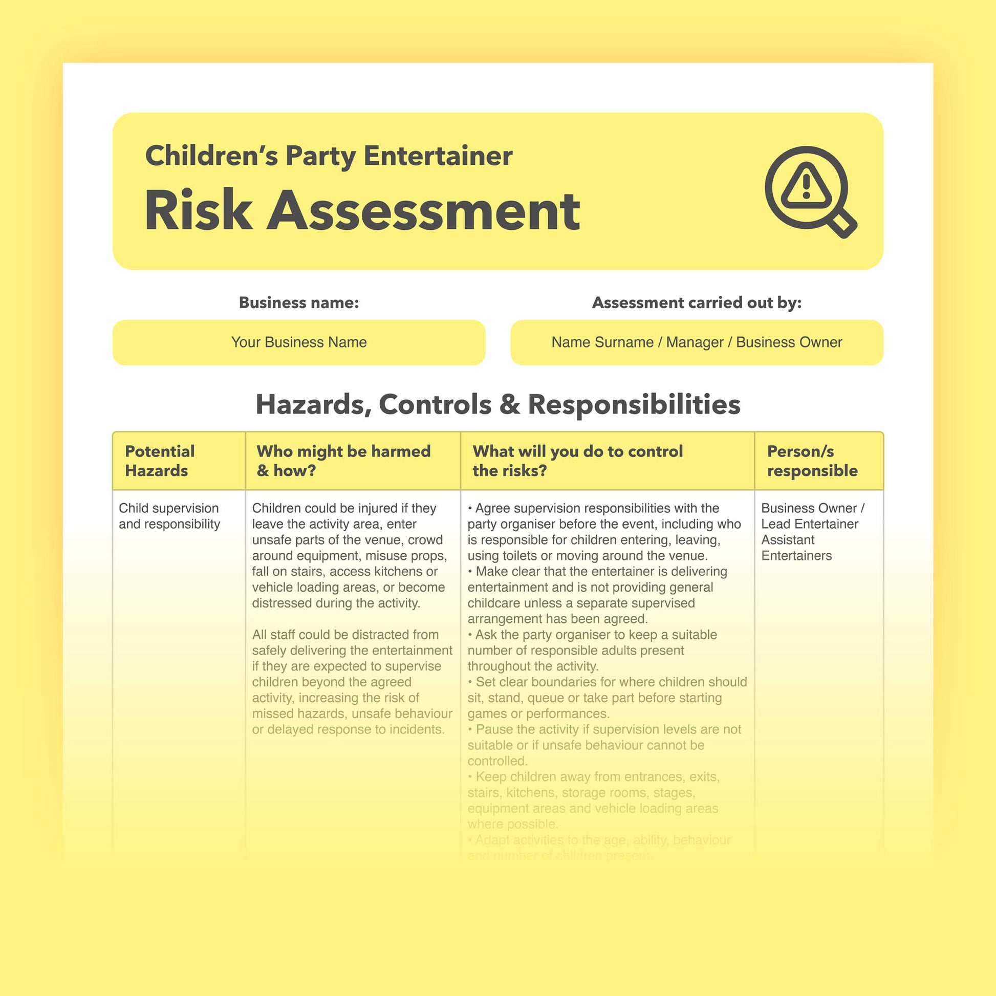 Editable, pre-filled risk assessment template for children’s party entertainers, mobile party hosts, magicians, face painters and character entertainers, easy to use for quick health and safety compliance.