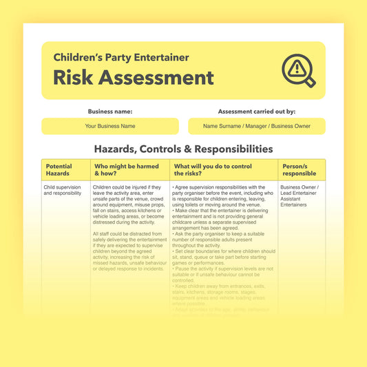 Editable, pre-filled risk assessment template for children’s party entertainers, mobile party hosts, magicians, face painters and character entertainers, easy to use for quick health and safety compliance.