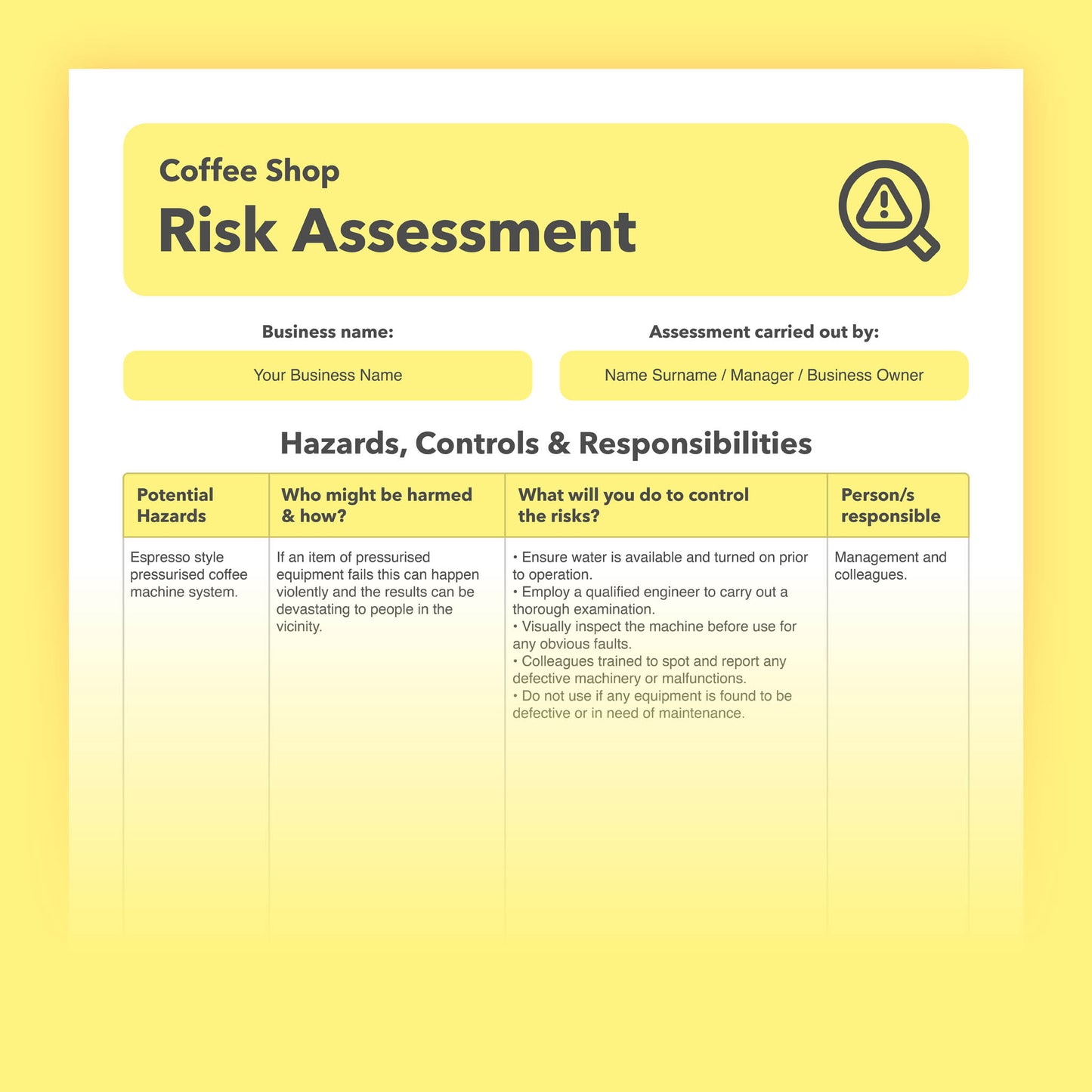 Editable, pre-filled risk assessment template for coffee shops, coffee houses, baristas, and coffee shop businesses – easy to use for quick health and safety compliance.