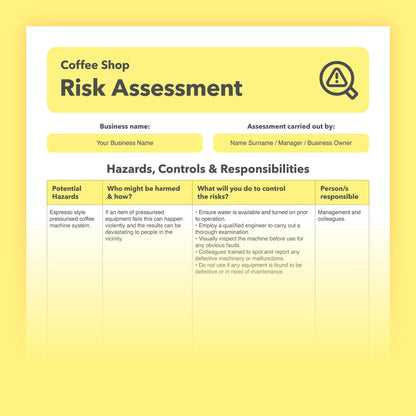 Editable, pre-filled risk assessment template for coffee shops, coffee houses, baristas, and coffee shop businesses – easy to use for quick health and safety compliance.