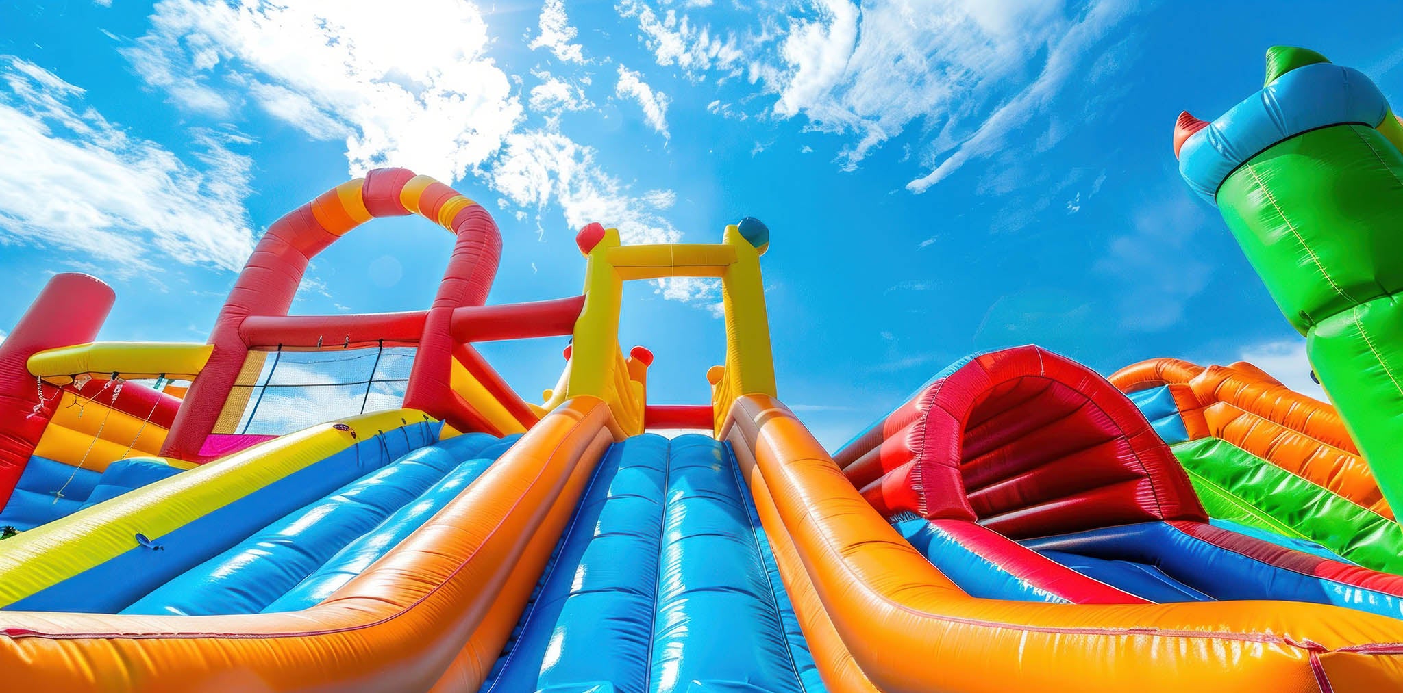 Colourful bouncy castle, inflatable slides and obstacle course inflatables set up outdoors under a bright blue sky.
