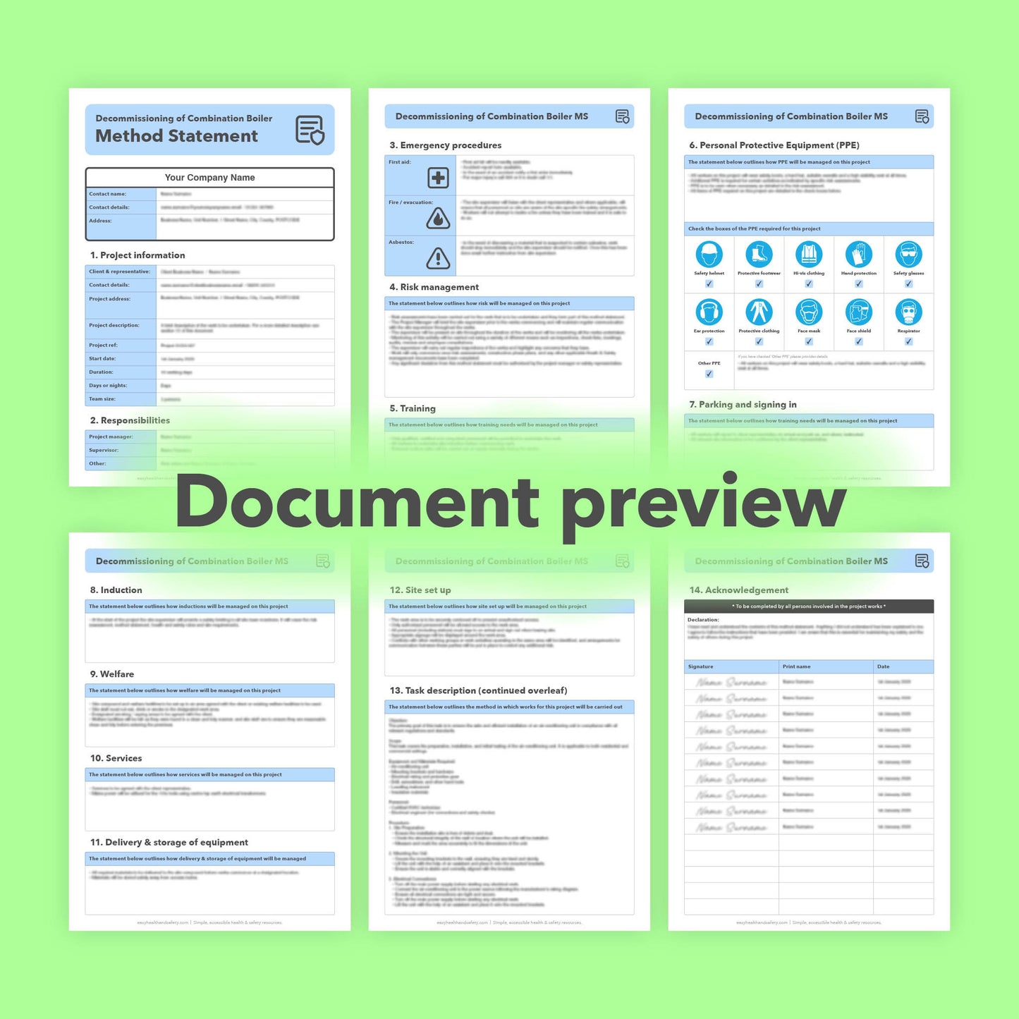 Editable, pre-filled method statement template for combi boiler decommissioning, designed for plumbers and heating engineers, easy to customise for safe systems of work.