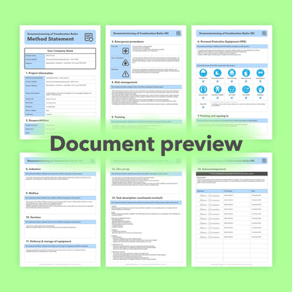 Editable, pre-filled method statement template for combi boiler decommissioning, designed for plumbers and heating engineers, easy to customise for safe systems of work.