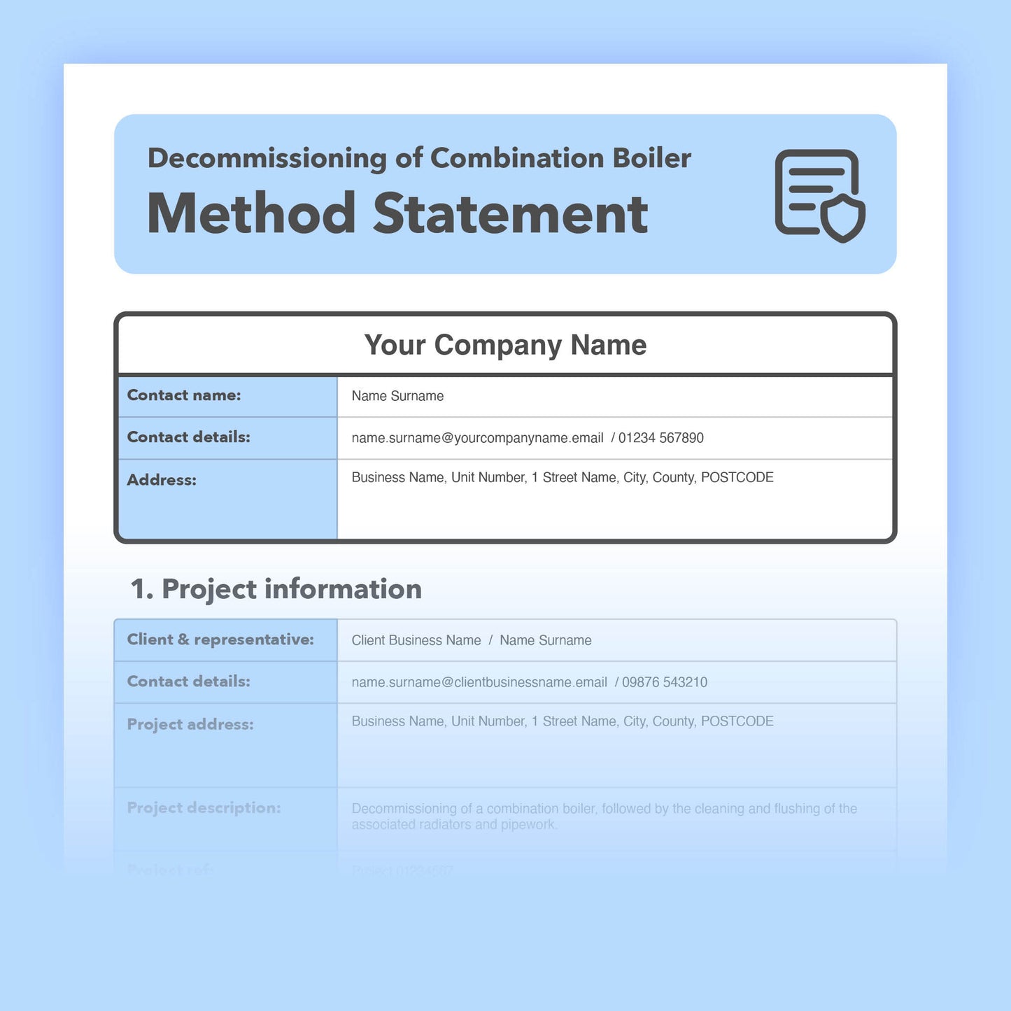 Editable, pre-filled method statement template for combi boiler decommissioning, designed for plumbers and heating engineers, easy to customise for safe systems of work.