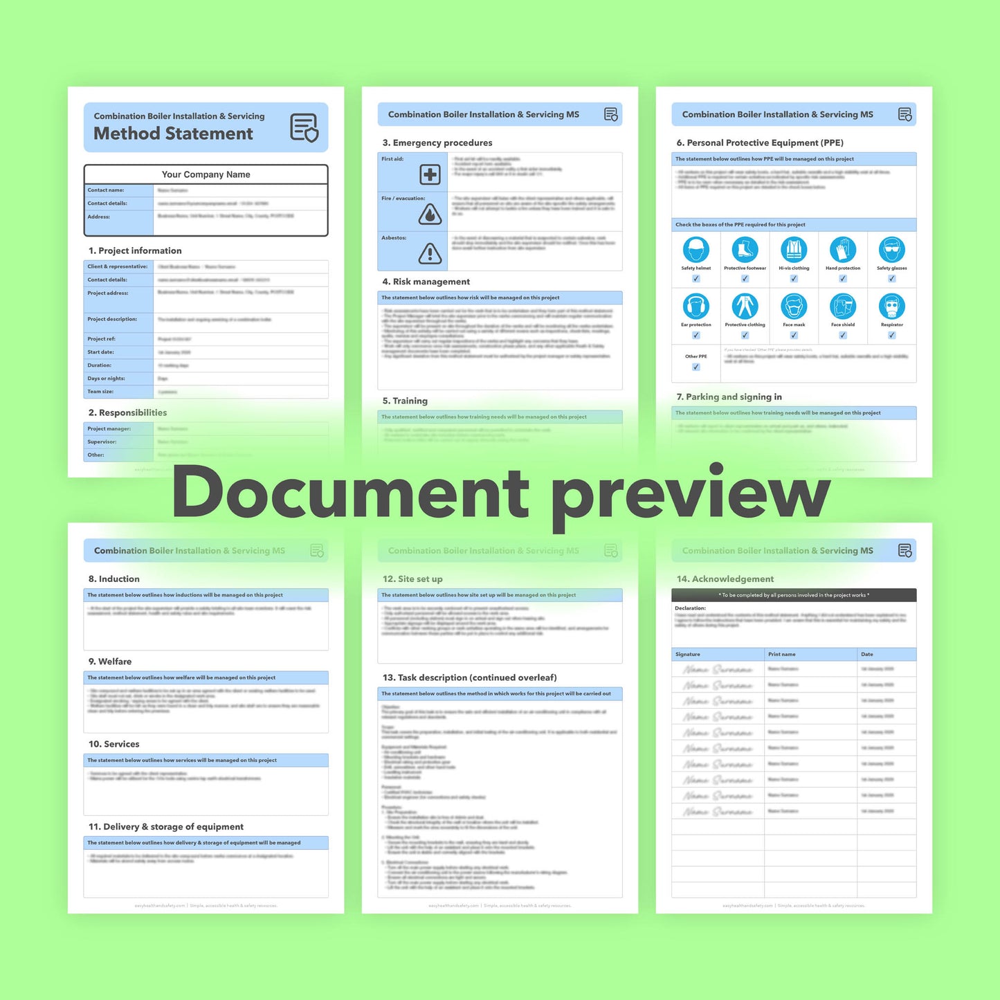 Editable, pre-filled method statement template for combi boiler installation, commissioning and servicing, designed for plumbers and heating engineers, easy to customise for safe systems of work.