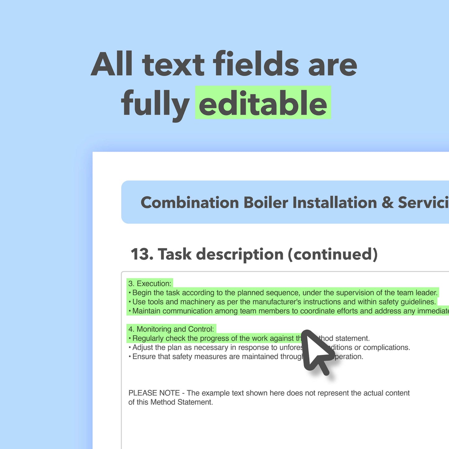 Editable, pre-filled method statement template for combi boiler installation, commissioning and servicing, designed for plumbers and heating engineers, easy to customise for safe systems of work.