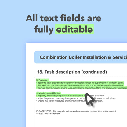 Editable, pre-filled method statement template for combi boiler installation, commissioning and servicing, designed for plumbers and heating engineers, easy to customise for safe systems of work.