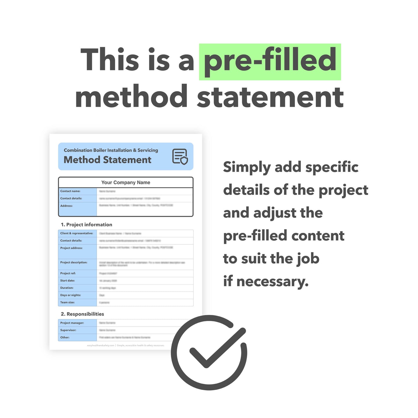 Editable, pre-filled method statement template for combi boiler installation, commissioning and servicing, designed for plumbers and heating engineers, easy to customise for safe systems of work.