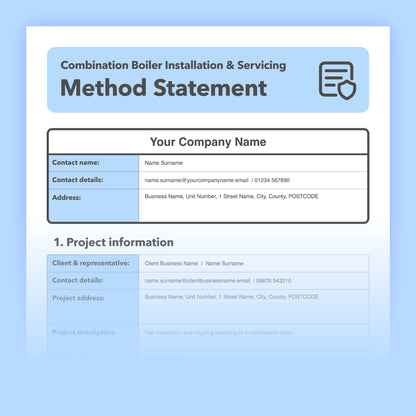 Editable, pre-filled method statement template for combi boiler installation, commissioning and servicing, designed for plumbers and heating engineers, easy to customise for safe systems of work.