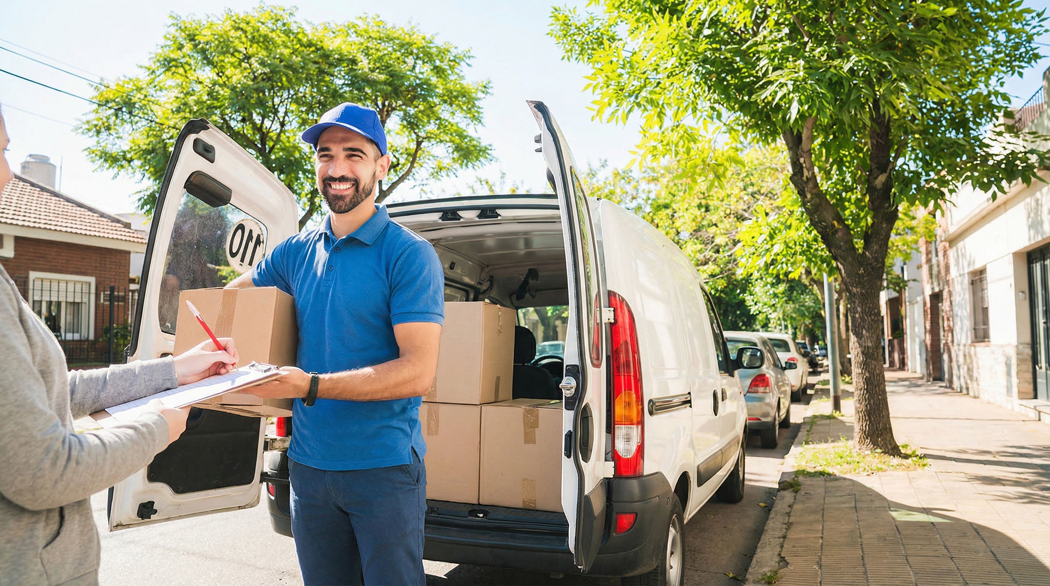 Courier delivering a parcel from a van to a customer at a residential address.