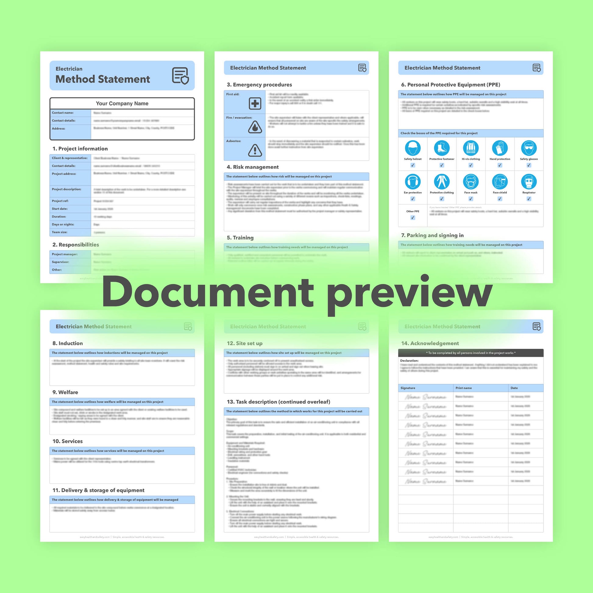 Editable, pre-filled electrician method statement template for electricians and electrical contractors, easy to customise for safe electrical installation and alteration works.