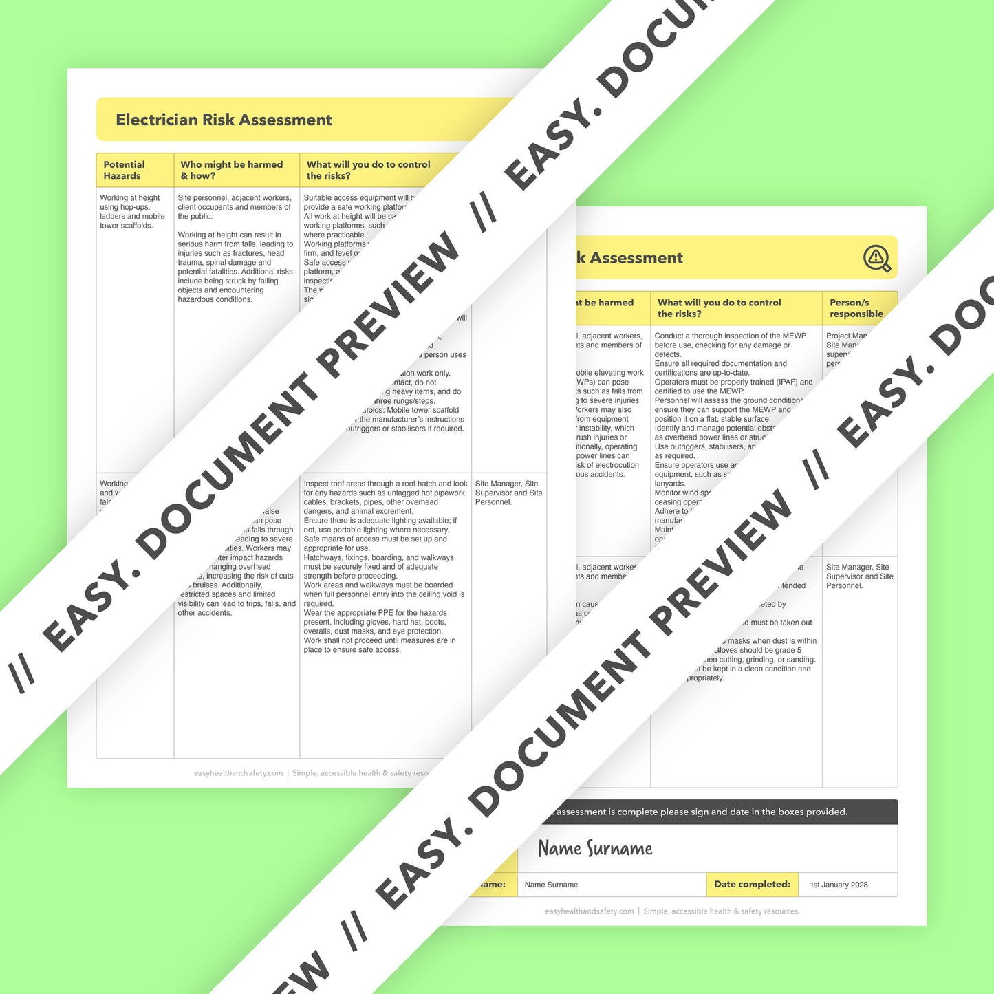 Editable, pre-filled risk assessment template for electricians, electrical work, and electrical contractors – easy to use for quick health and safety compliance.
