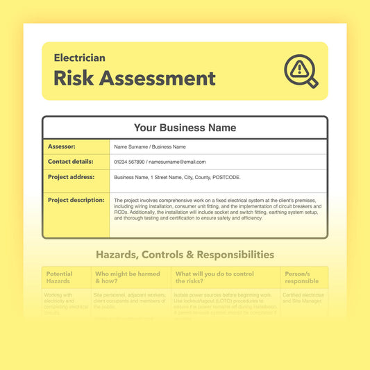 Editable, pre-filled risk assessment template for electricians, electrical work, and electrical contractors – easy to use for quick health and safety compliance.