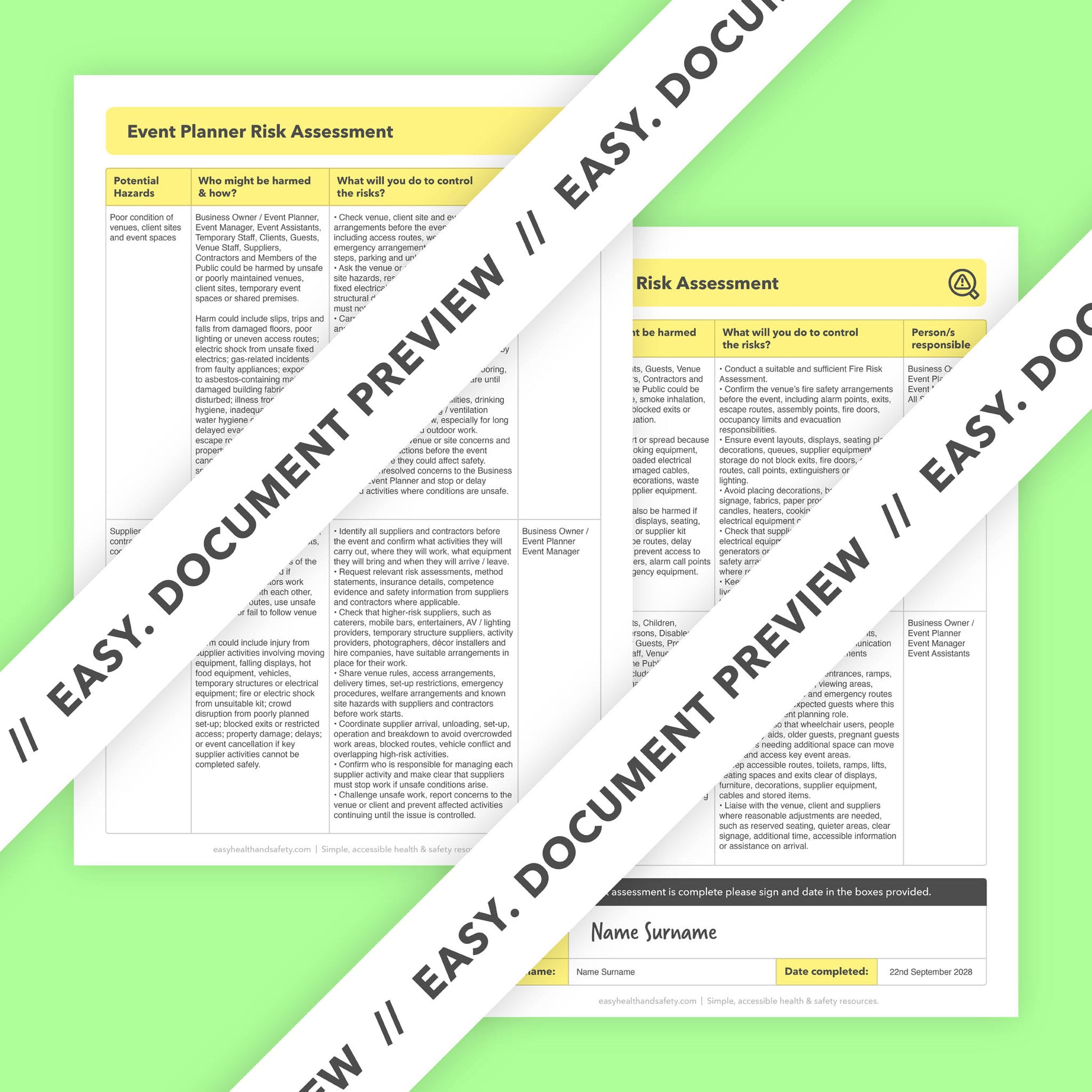 Editable, pre-filled risk assessment template for event planners, event organisers, wedding planners and corporate event coordinators – easy to use for quick health and safety compliance.