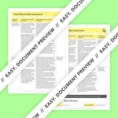 Editable, pre-filled risk assessment template for event planners, event organisers, wedding planners and corporate event coordinators – easy to use for quick health and safety compliance.