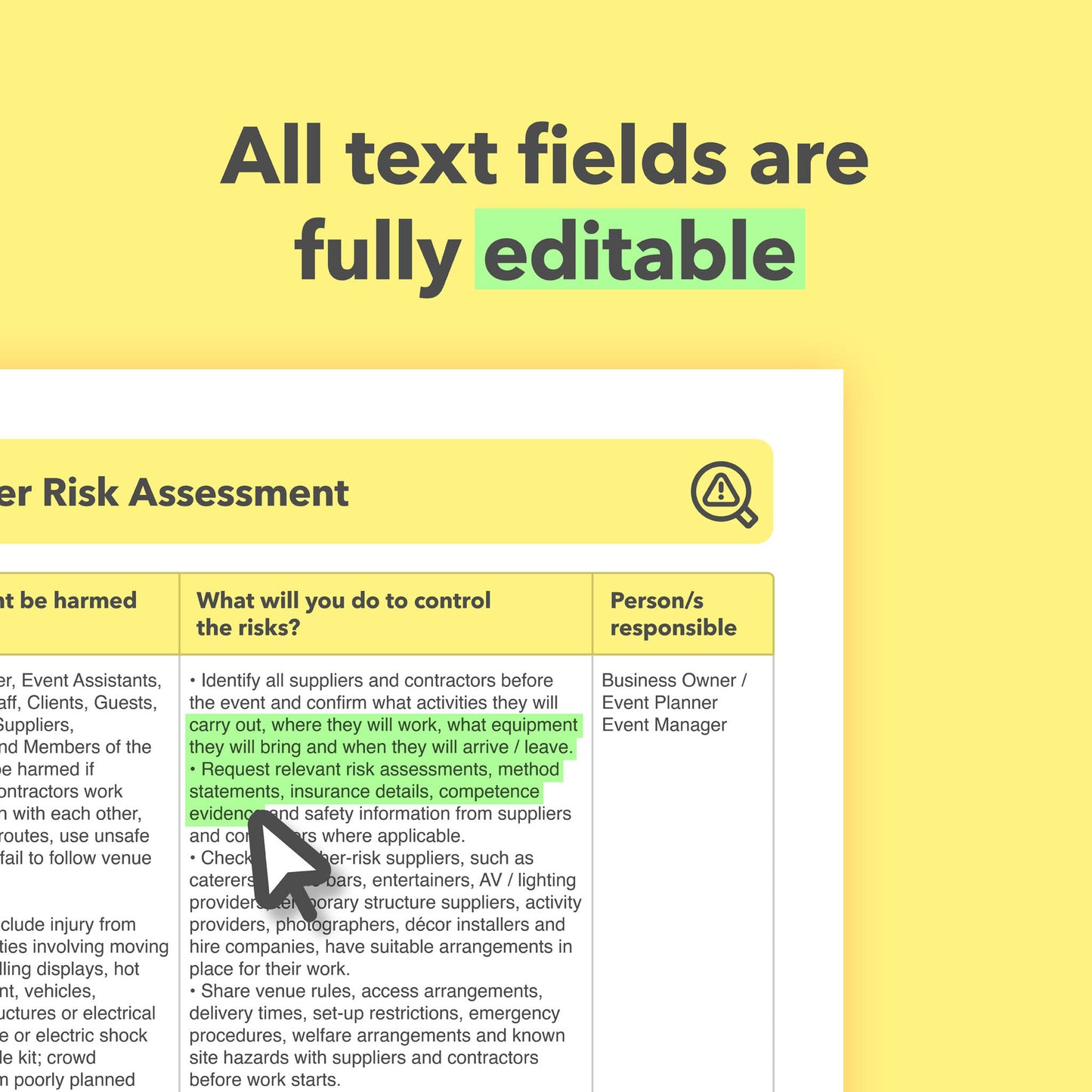 Editable, pre-filled risk assessment template for event planners, event organisers, wedding planners and corporate event coordinators – easy to use for quick health and safety compliance.