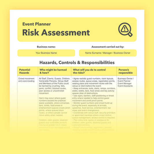 Editable, pre-filled risk assessment template for event planners, event organisers, wedding planners and corporate event coordinators – easy to use for quick health and safety compliance.