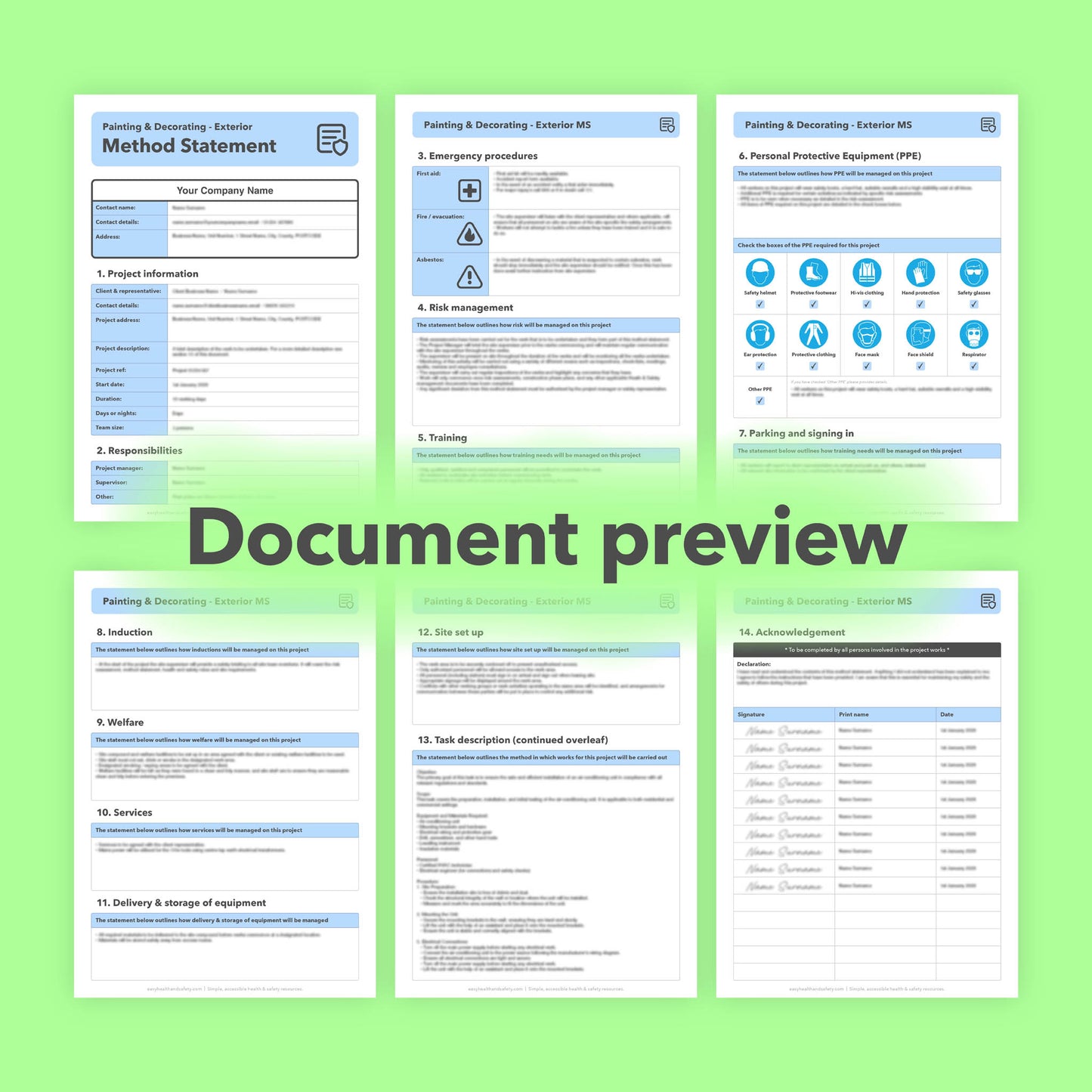 Editable, pre-filled exterior painting and decorating method statement template for painters and decorators. Easy to customise for safe, professional site documentation.