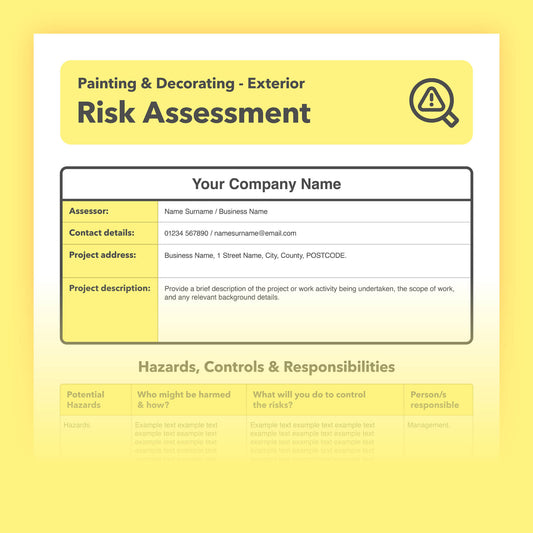 Editable, pre-filled risk assessment template for exterior painting and decorating work, covering working at height, access equipment, airless spraying, hazardous substances (COSHH), plus slips, trips and falls. Easy to use for quick health and safety compliance.