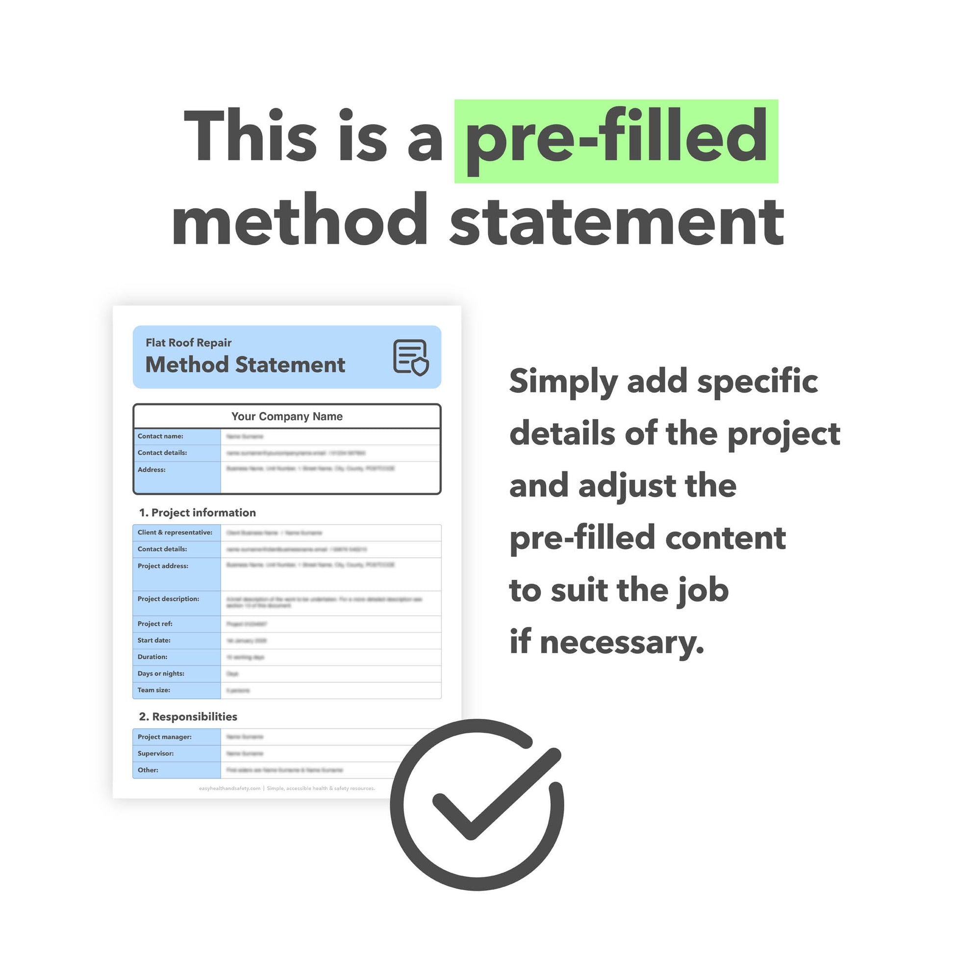 Editable, pre-filled method statement template for flat roof repair work. Designed for roofers and roofing contractors, with quick customisation for safe, compliant roofing repairs.