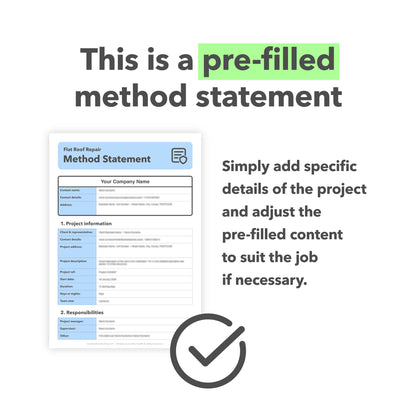 Editable, pre-filled method statement template for flat roof repair work. Designed for roofers and roofing contractors, with quick customisation for safe, compliant roofing repairs.