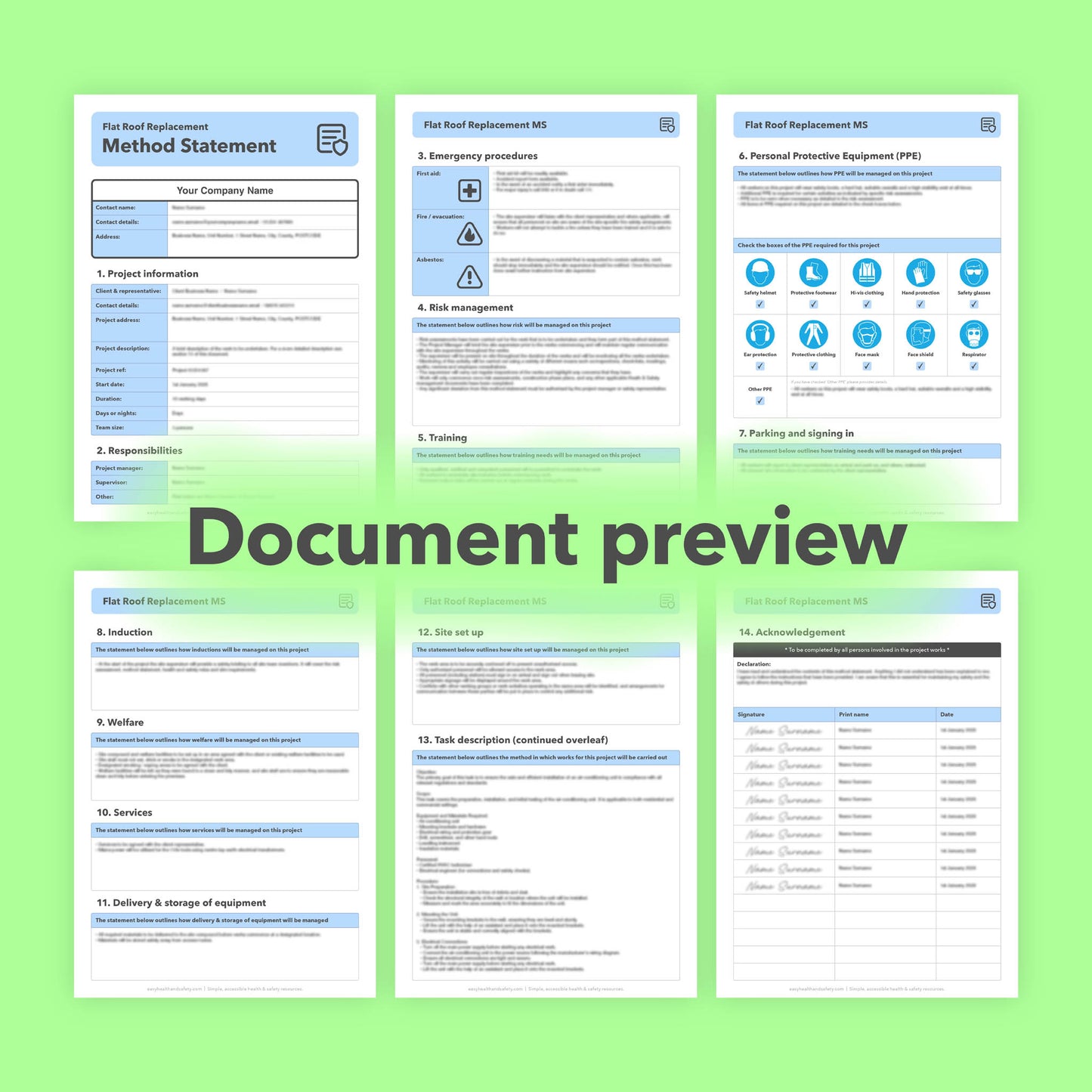 Editable, pre-filled method statement template for flat roof replacement work. Designed for roofers and roofing contractors, with quick customisation for safe, compliant roofing projects.