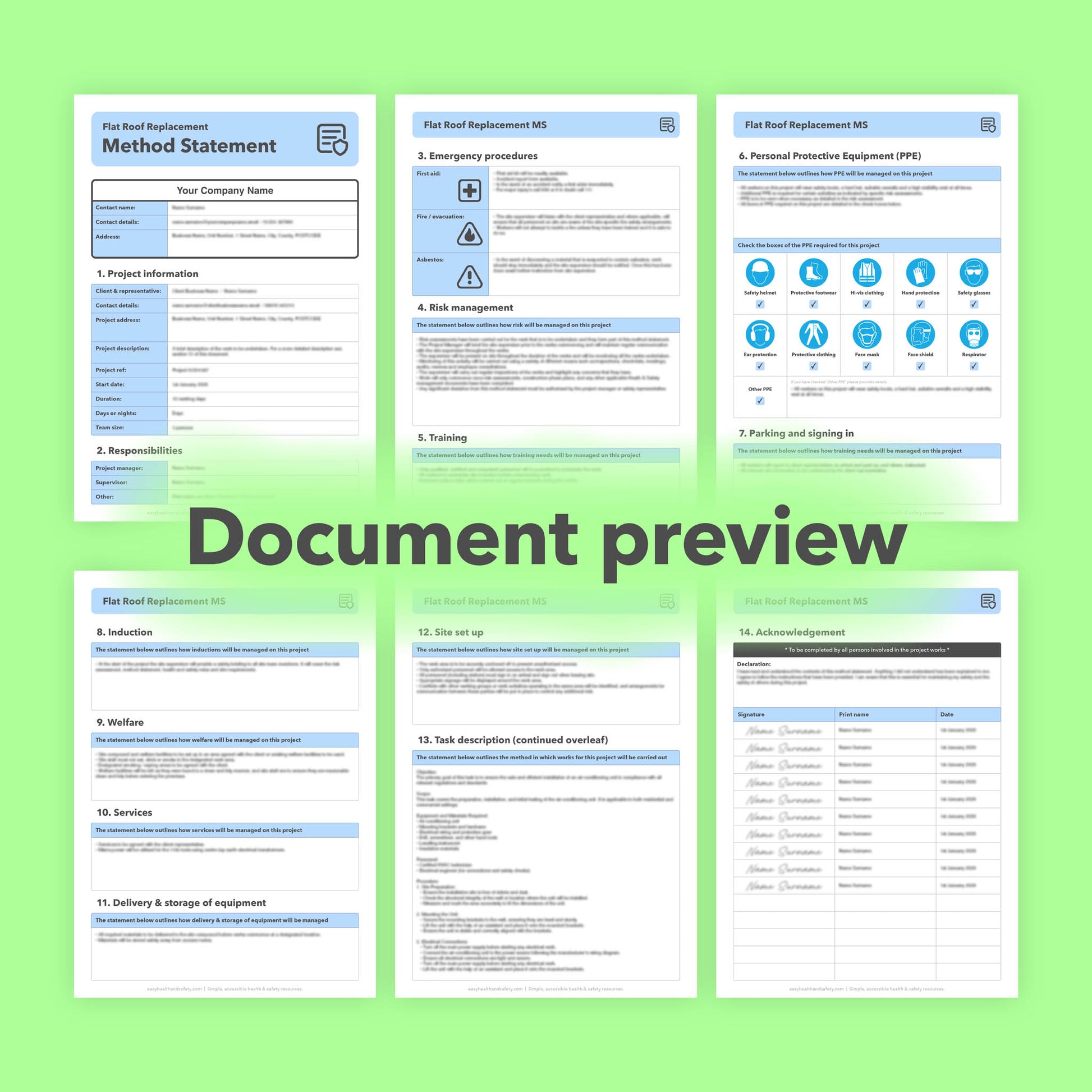 Editable, pre-filled method statement template for flat roof replacement work. Designed for roofers and roofing contractors, with quick customisation for safe, compliant roofing projects.