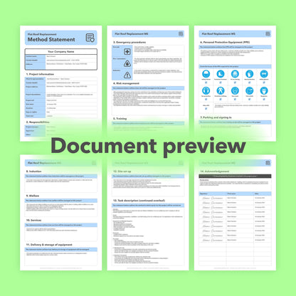 Editable, pre-filled method statement template for flat roof replacement work. Designed for roofers and roofing contractors, with quick customisation for safe, compliant roofing projects.