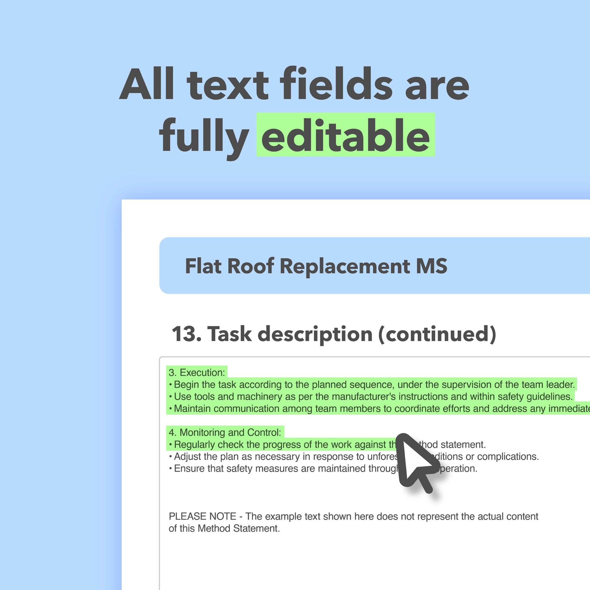 Editable, pre-filled method statement template for flat roof replacement work. Designed for roofers and roofing contractors, with quick customisation for safe, compliant roofing projects.