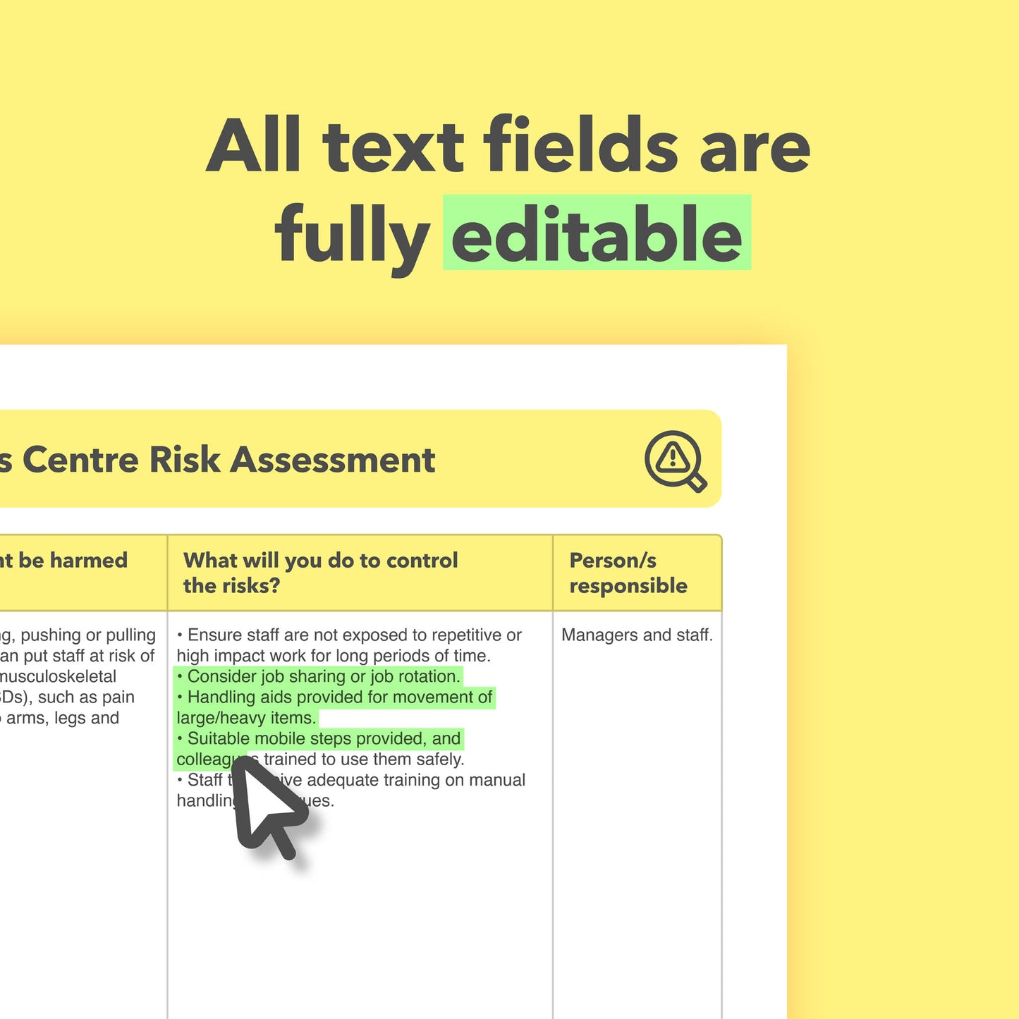 Editable, pre-filled risk assessment template for gyms, fitness centres and health clubs – easy to use for quick health and safety compliance.