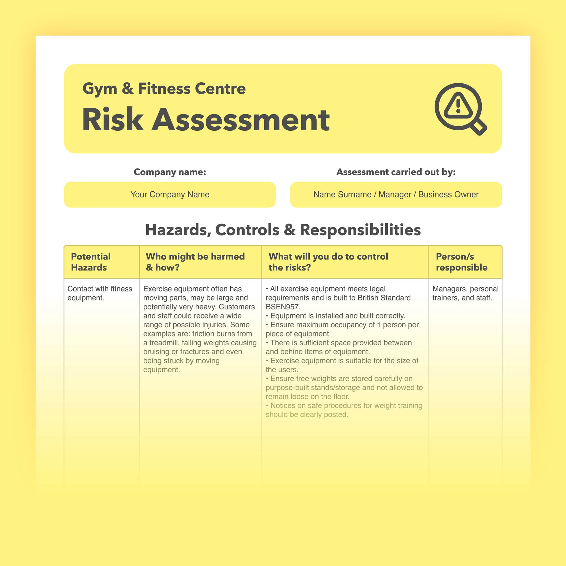 Editable, pre-filled risk assessment template for gyms, fitness centres and health clubs – easy to use for quick health and safety compliance.